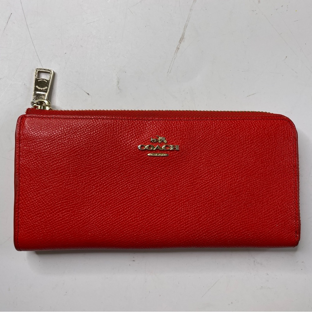 Coach Wallet red pebbled leather zip around accordion silver hardware